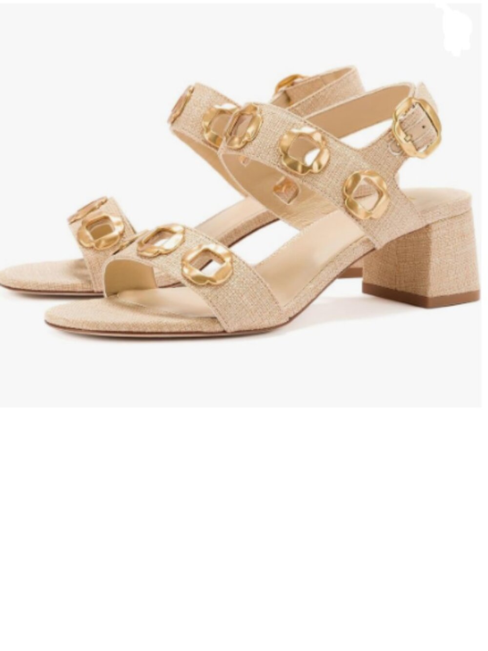 YDN Gold Open Toe Sandals Chunky Block Dressy Low Heels Backstrap with Buckle
